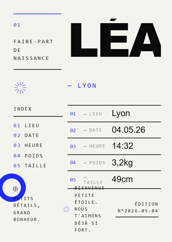 Poster de naissance personnalisé style Éditorial — thème naissance (aperçu)