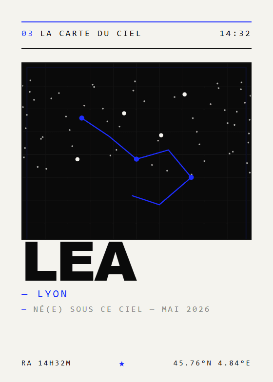 Poster de naissance personnalisé style Éditorial — thème ciel étoilé (aperçu)