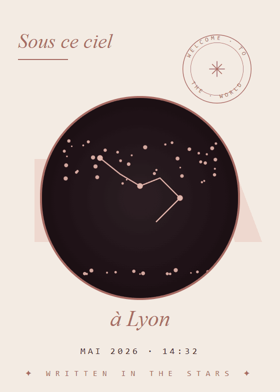 Poster de naissance personnalisé style Lumière — thème ciel étoilé (aperçu)
