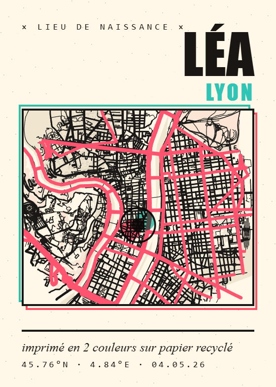 Poster de naissance personnalisé style Risograph — thème carte (aperçu)