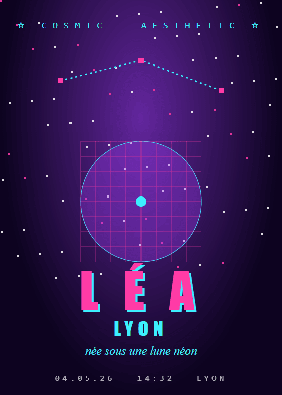 Poster de naissance personnalisé style Vaporwave — thème ciel étoilé (aperçu)