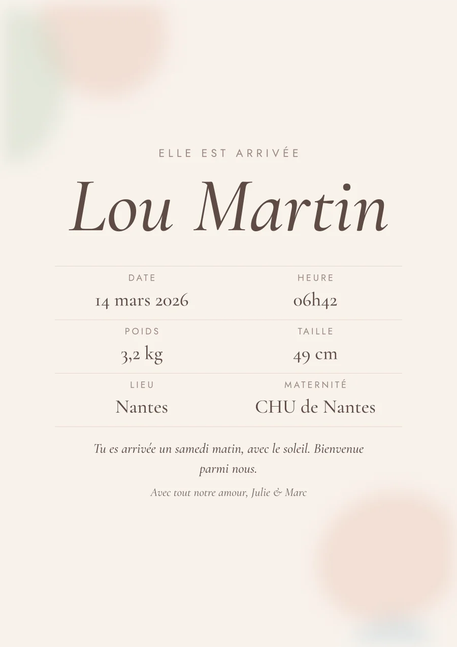 Poster de naissance personnalisé, style Aquarelle, texte seul (exemple)