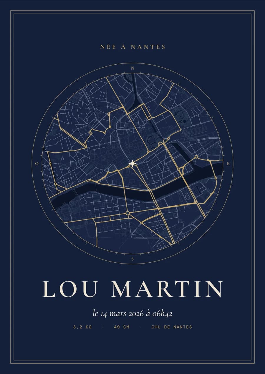 Poster de naissance personnalisé, style Nuit étoilée, carte du lieu (exemple)