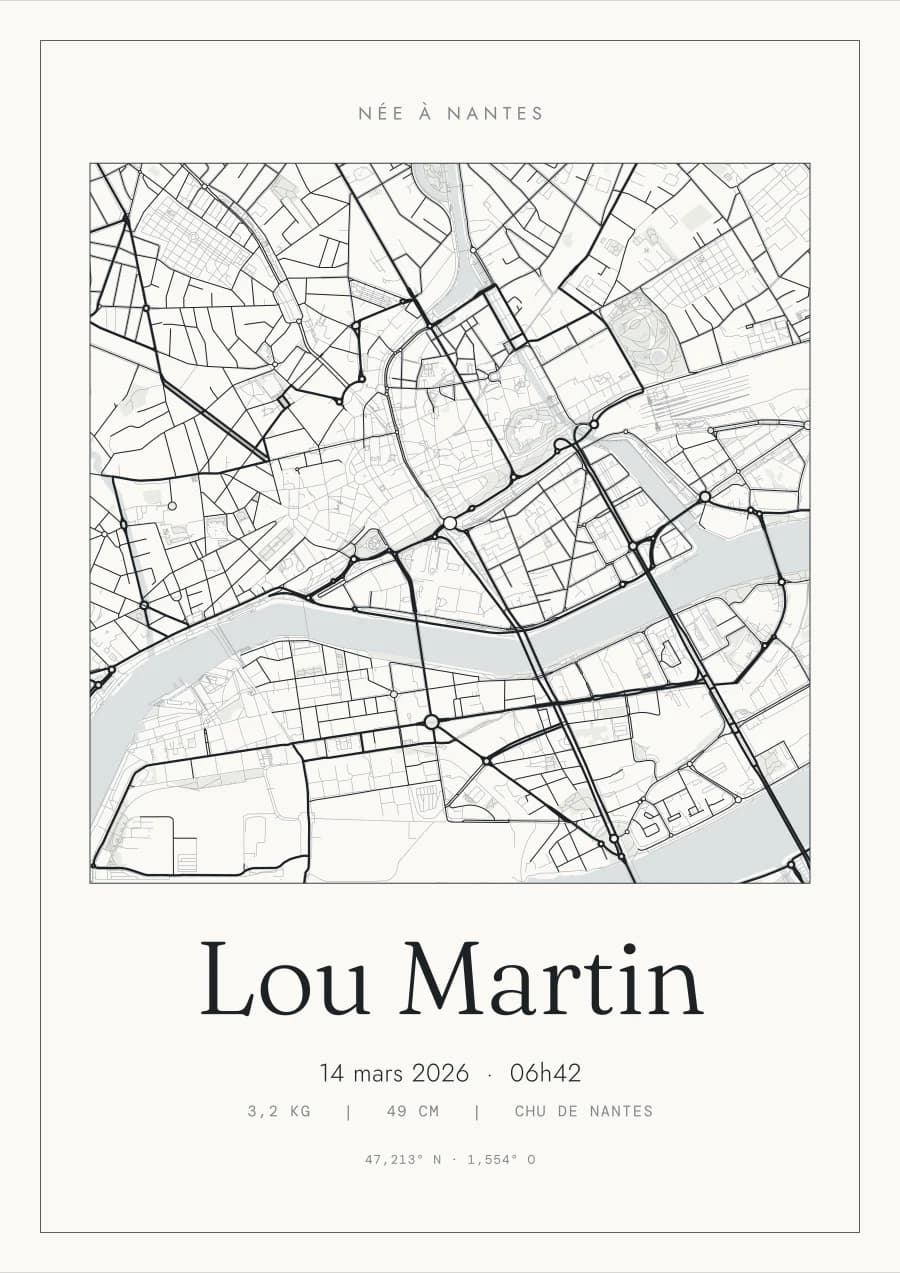 Poster de naissance personnalisé, style Trait fin, carte du lieu (exemple)
