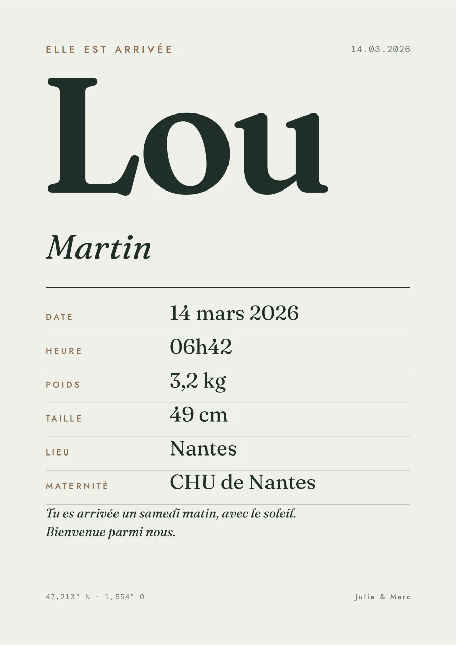 Poster de naissance personnalisé, style Typographique, texte seul (exemple)